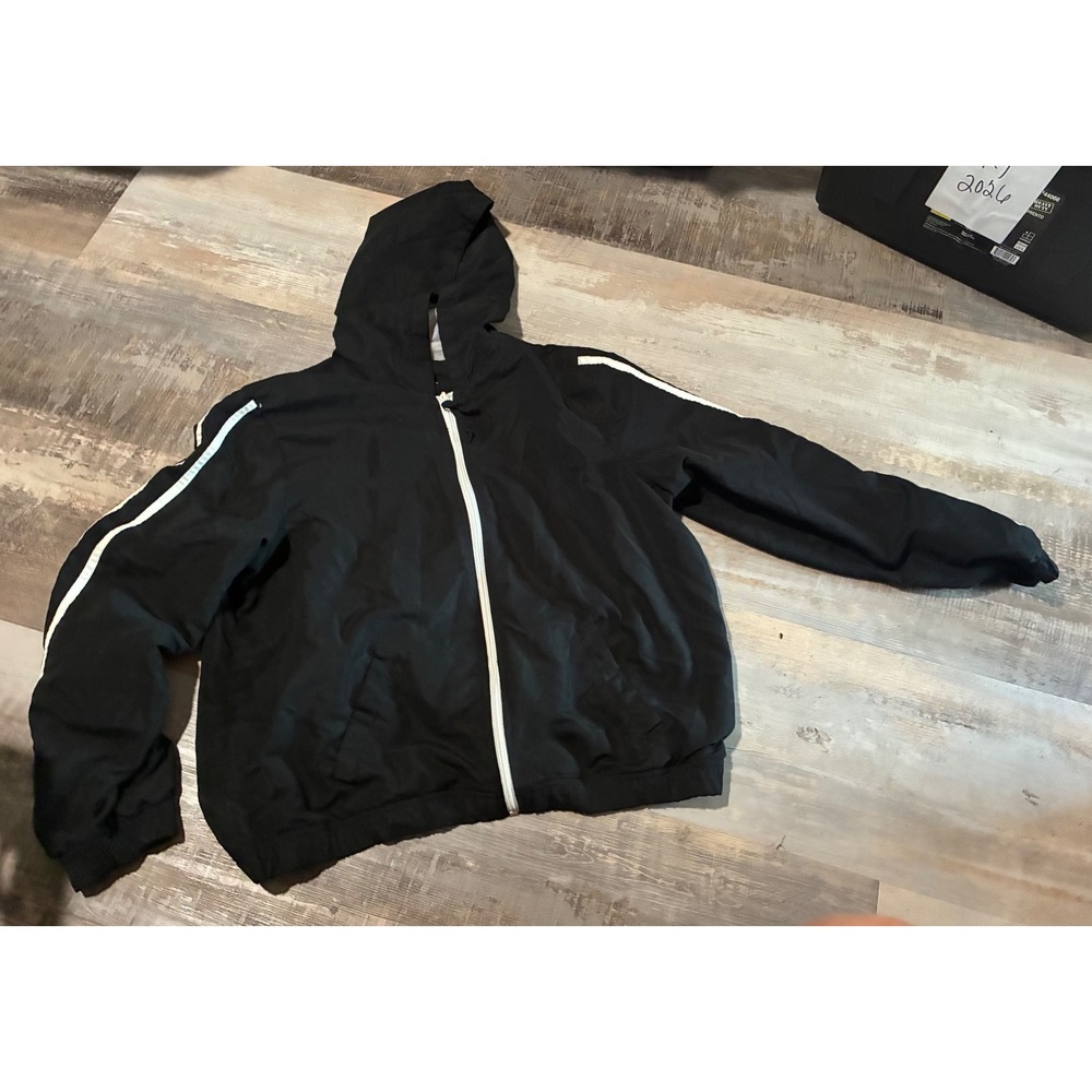 Three Hearts Womens Black Hooded Windbreaker Jacket White Sleeve Stripes Size M
